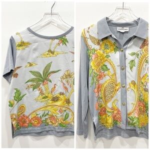 Jacqueline De Michel Shirt Knit Cardigan Set Silk Floral Vintage Small